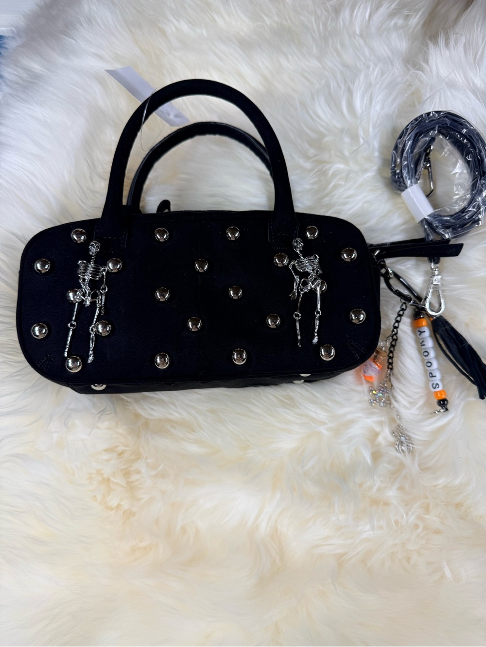 Black Studded Top-Handle Bag with Charm Accents